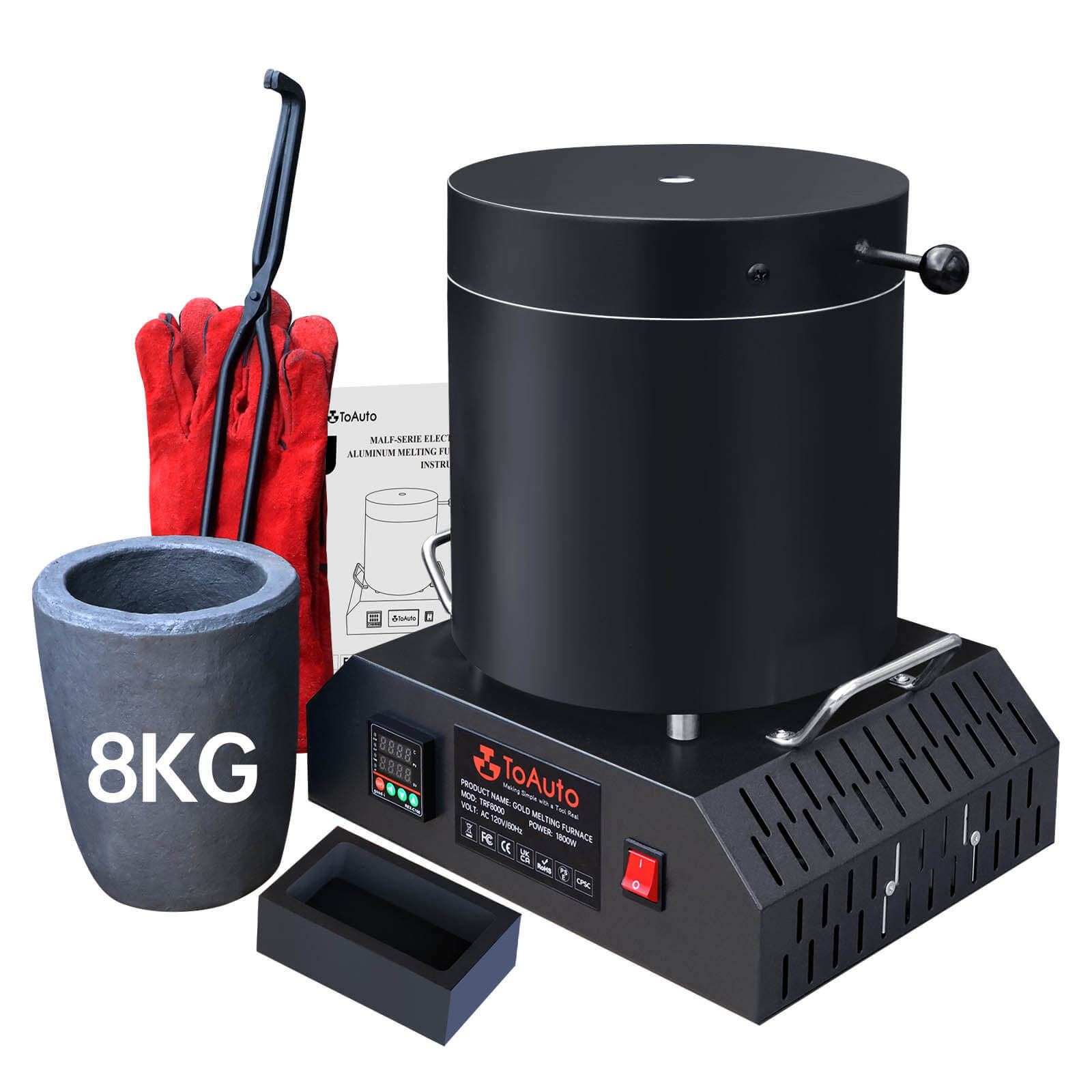 TOAUTO 8KG Electric Aluminum Melting Furnace 1800W Smelter Temperature Control