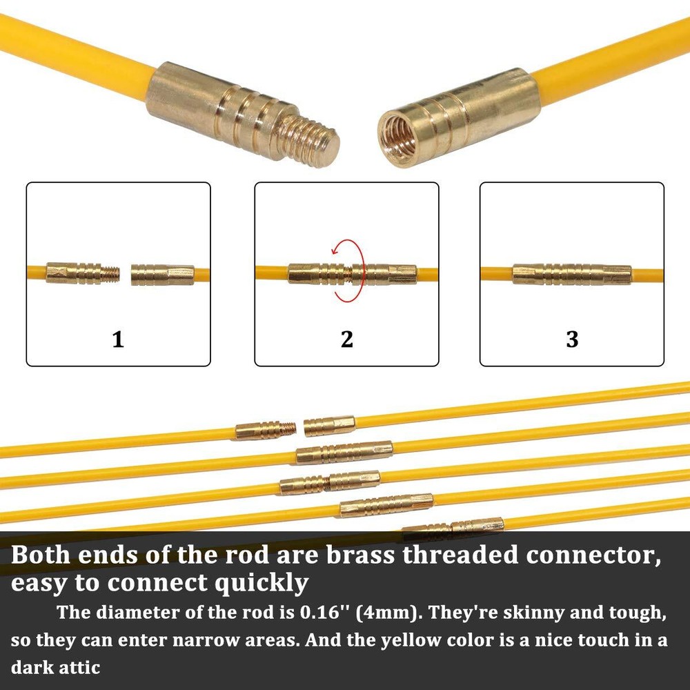 33FT Fiberglass Running Electrical Wire Cable Glow Rods Wire Pulling Tools Fi...