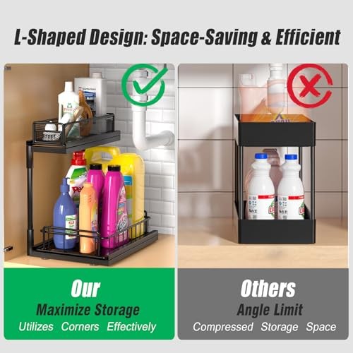 Under Kitchen Sink Pull Out Organizer, Pull Out Under Cabinet Black-2 Pack