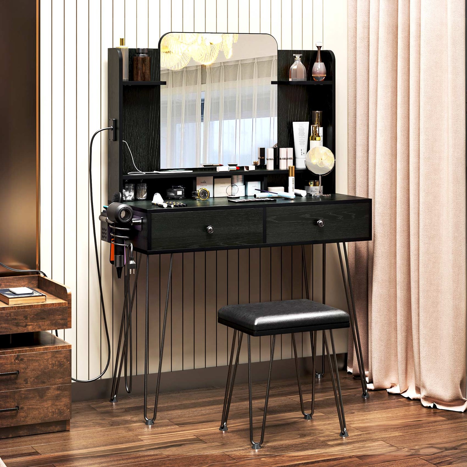 Makeup Vanity Table Set with Charging Station + vanity Stool Dressing Table Desk