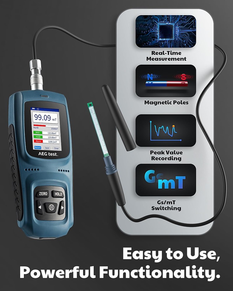 AEGTEST 8103 Gauss Meter, Rechargeable Tesla Meter 0-2500mT, Transverse Probe