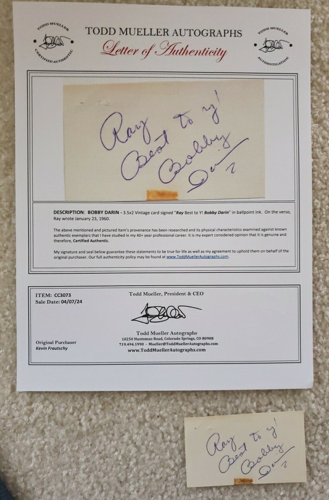 Bobby Darin SIGNED 3 1/2"x 2" card COA/Todd Mueller