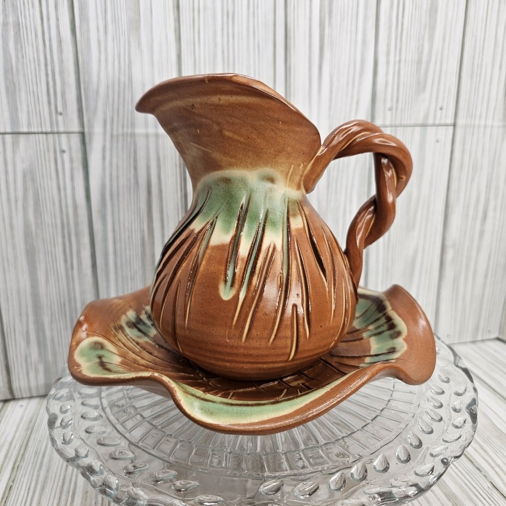 Art Studio Pottery Pitcher & Basin Twisted Handle Ruffled Basin Unique