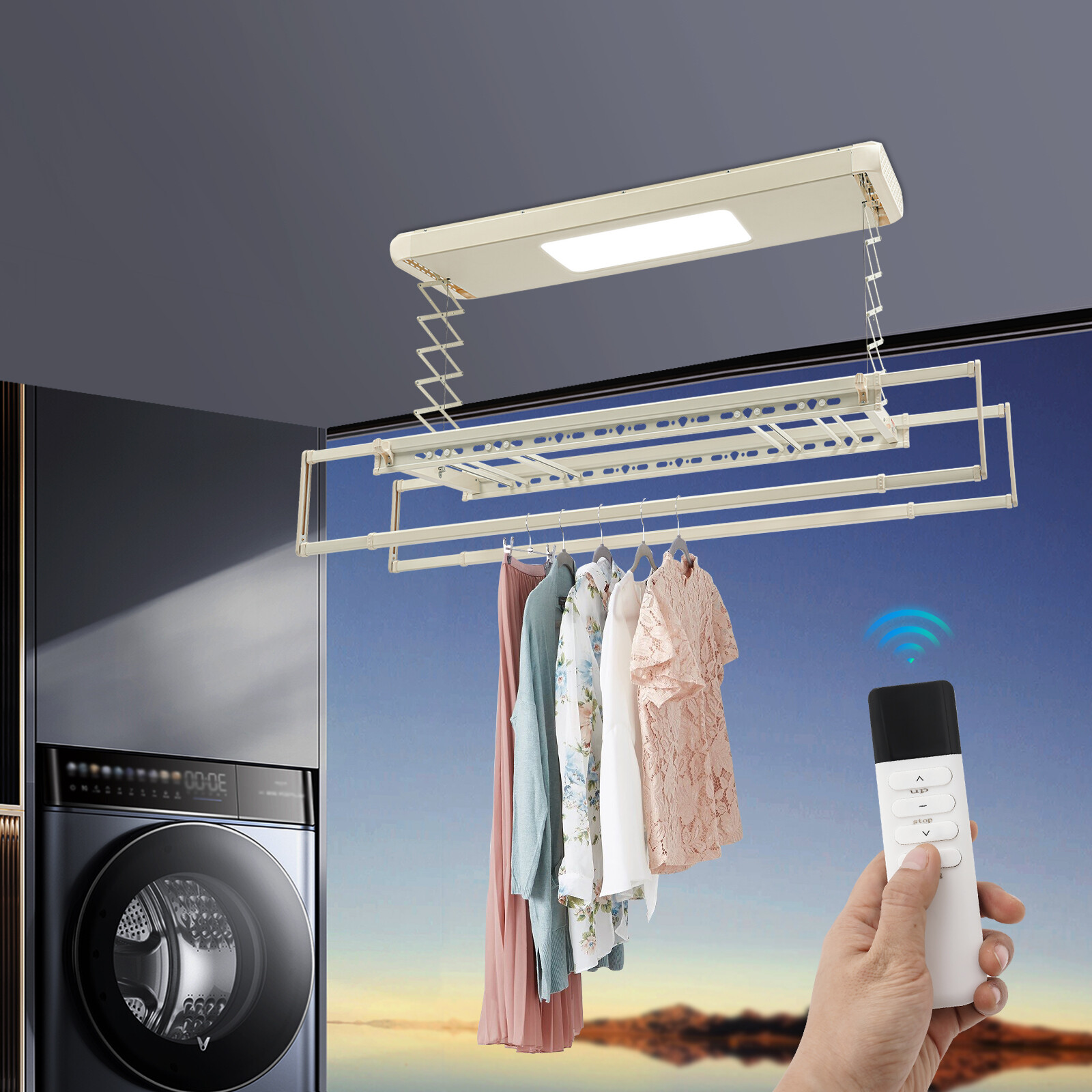 8 Rods Ceiling-mounted Clothesline Resealable Vertical Drying Rack Led Light 24W