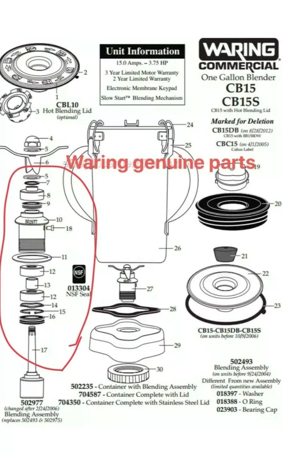 Waring cb6 cb10 cb15 Blender’s Cutting Blade Assembly Rebuilt Kit