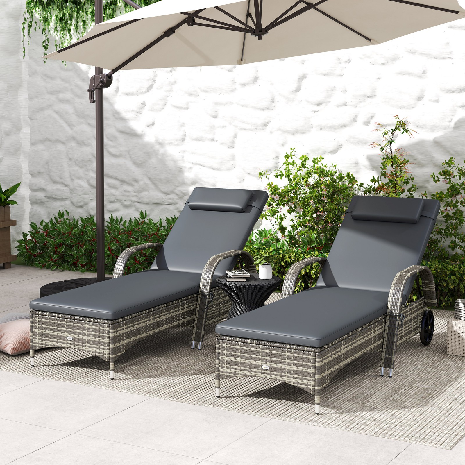 Outdoor PE Rattan Reclining Sun Lounger Set of 2 w/ Cushion, Wheels, Gray