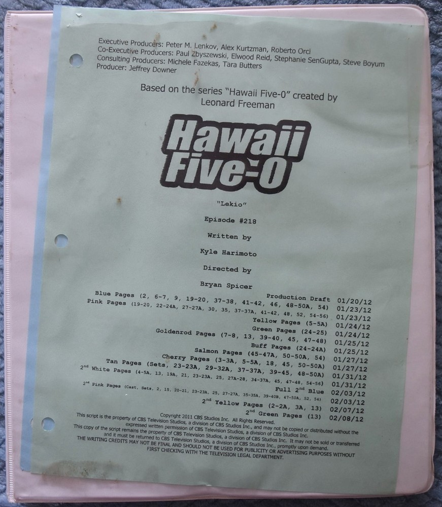 2012 Hawaii Five-O "Lekio" Original Script + Shooting Schedule