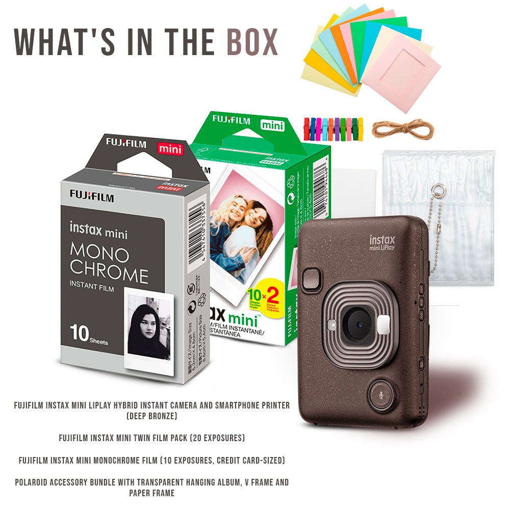 Fujifilm Instax Mini LiPlay Camera and Smartphone Printer Deep Bronze Bundle