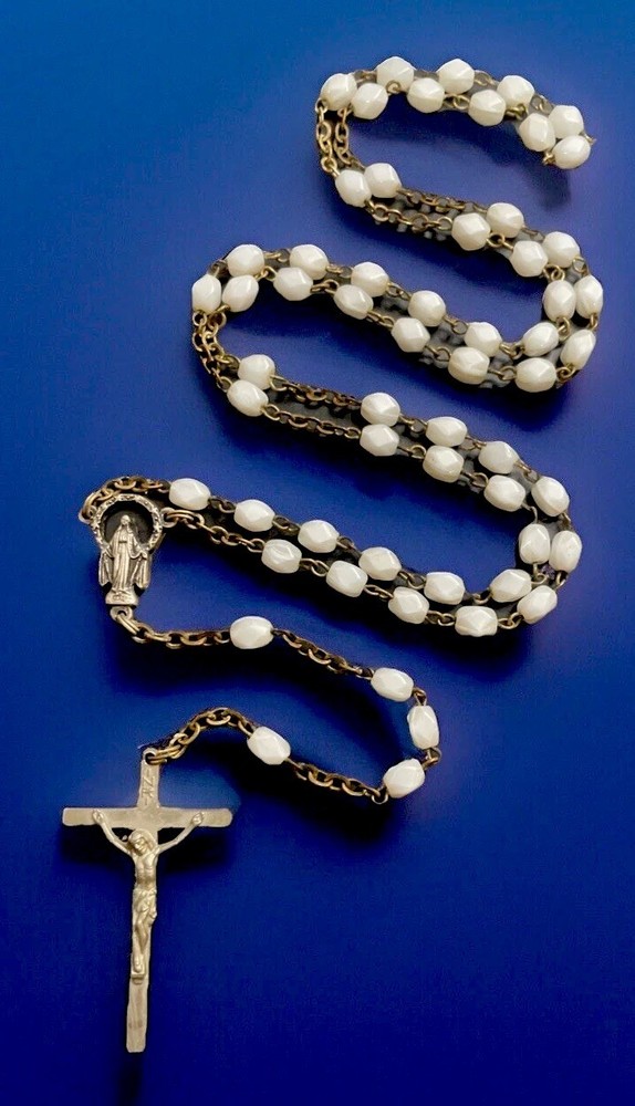 Vintage Catholic White Milk Glass  Rosary, Silver Tone Crucifix