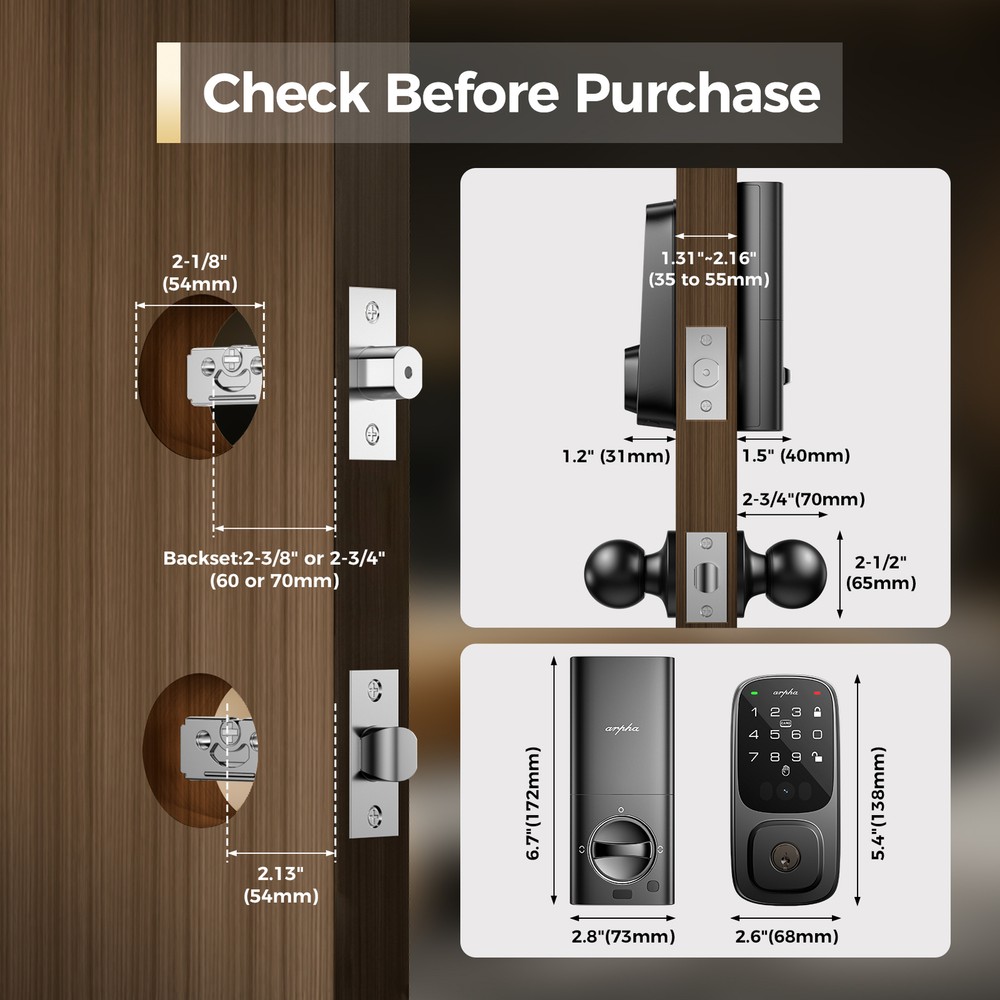 ARPHA Keyless Palm Recognition Smart Door Lock Digital Keypad Deadbolt+Knobs APP