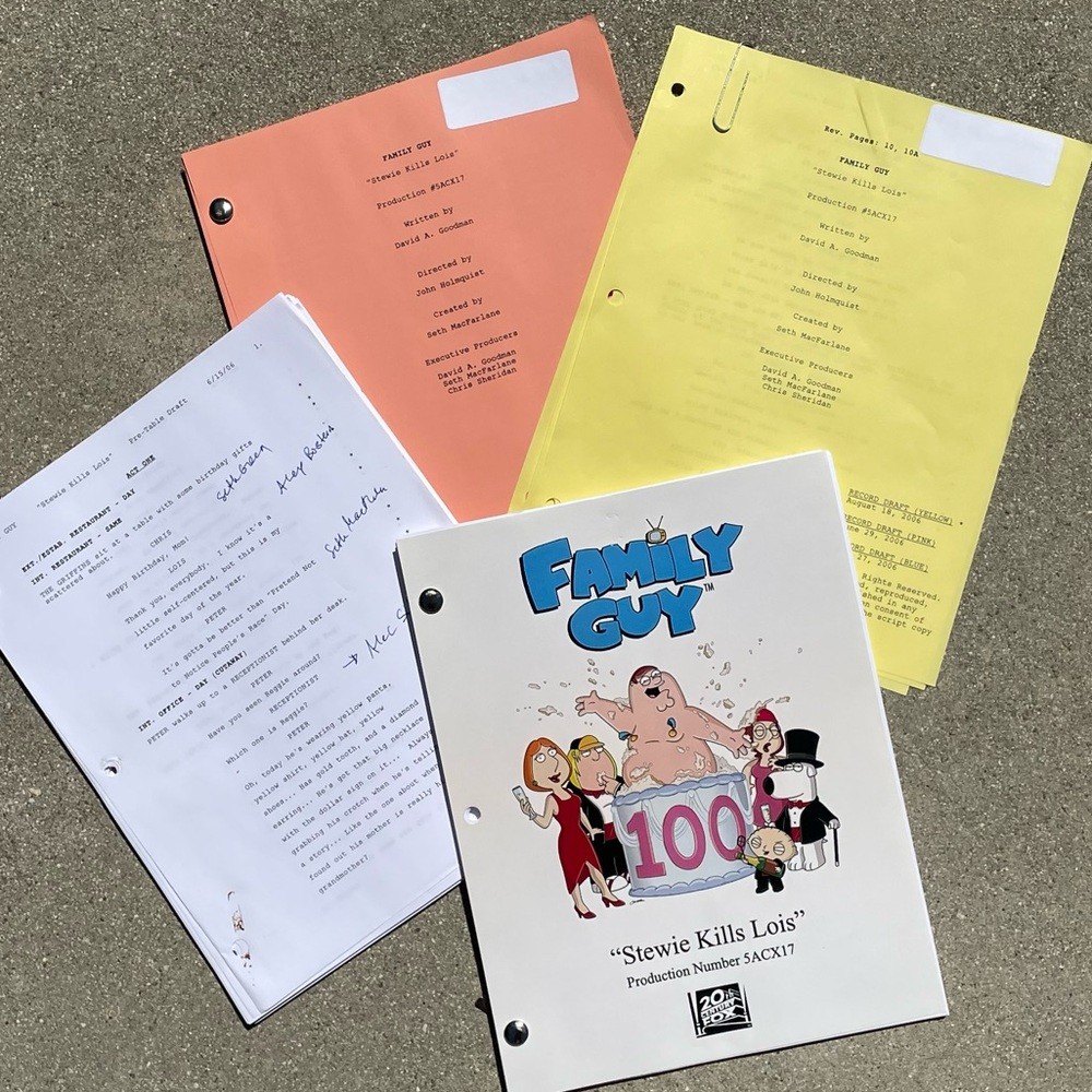 Family Guy 100th Episode SET Stewie Kills Lois Scripts + Casting Dept Notes