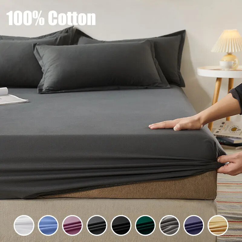 Fitted Bed Sheet With Elastic Band Solid Color Mattress Covers Protector Cotton
