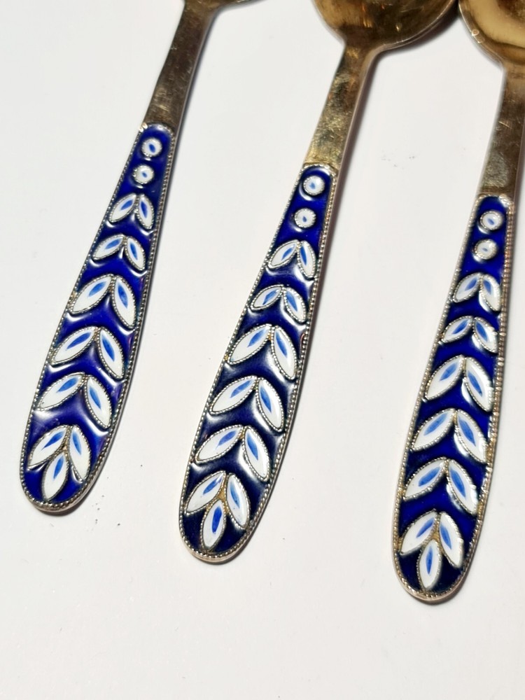 Antique Russian Blue Enamel Gilded Silver Spoons