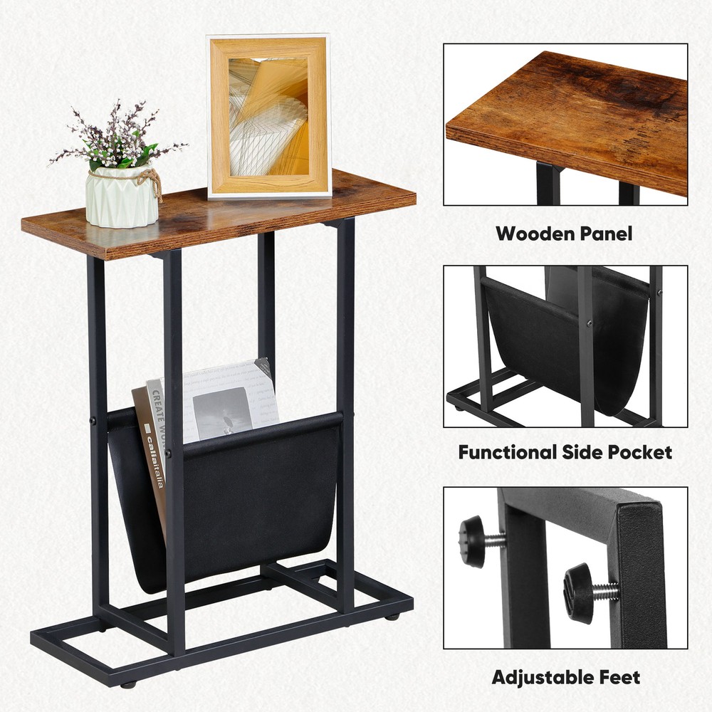 Small Narrow Side Table End Table Magazine Table w/ Storage Holder Rustic Brown
