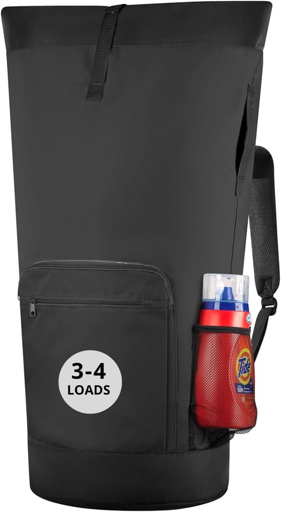XL Heavy Duty Laundry Backpack - Adjustable Straps & Pockets - Black