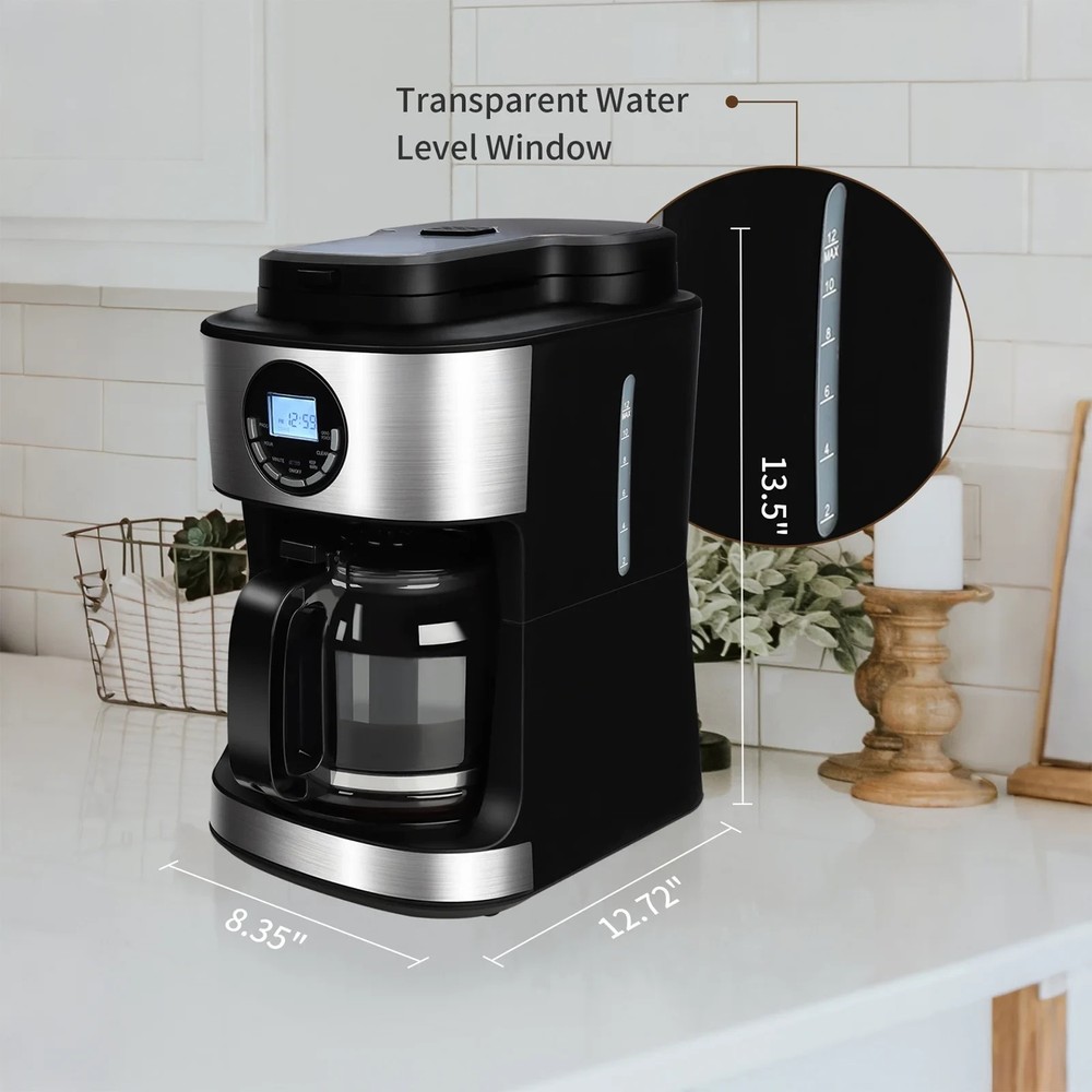 TEGLU Coffee Maker with Grinder 12 Cups,Programmable Grind & Brew Coffee Machine