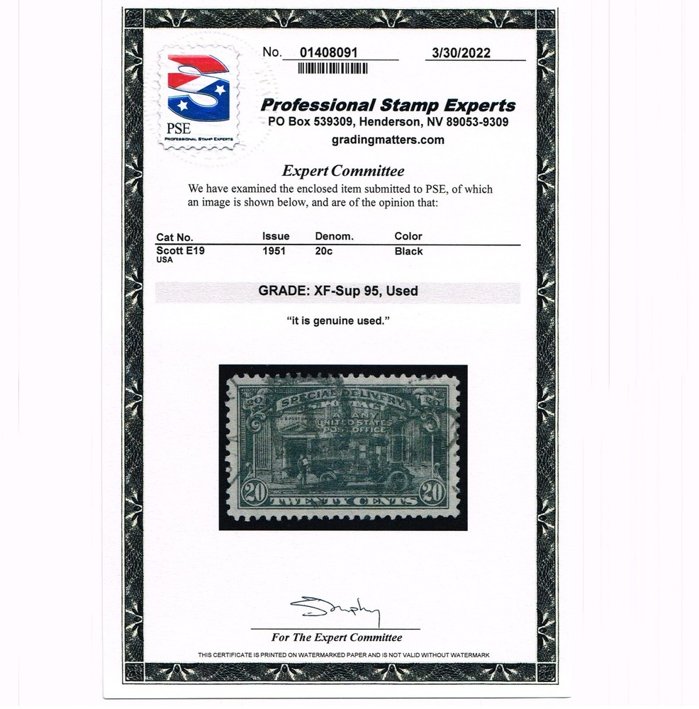 EXCEPTIONAL GENUINE SCOTT #E19 POSTALLY USED PSE CERT GRADED XF-SUPERB 95
