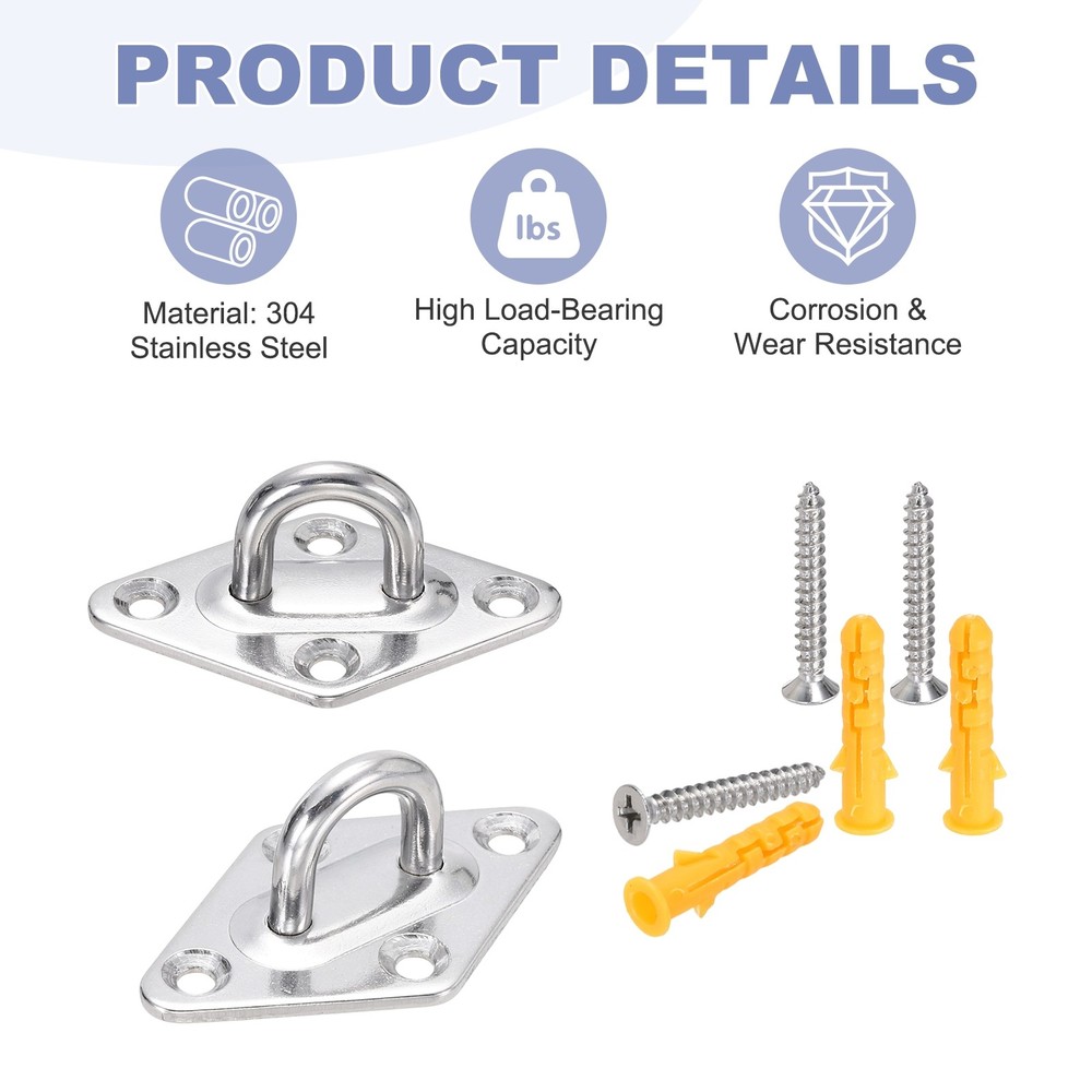 2Pcs M8 Eyelet Bracket Set Diamond Shaped Hook Plate and Hook, Silver