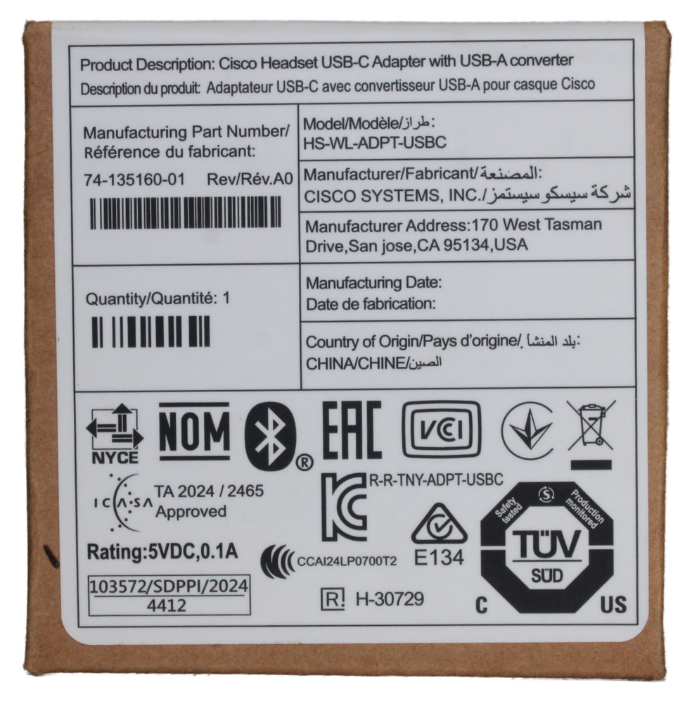 Cisco USB-C Wireless Bluetooth Adapter with USB-A Converter | HS-WL-ADPT-USBC