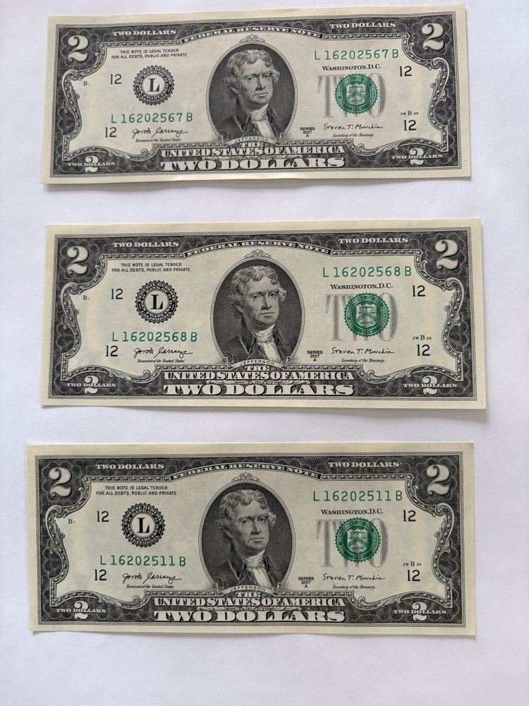 Sequential Uncirculated Two Dollar Bill $2 Note FREE PROTECTIVE SLEEVE