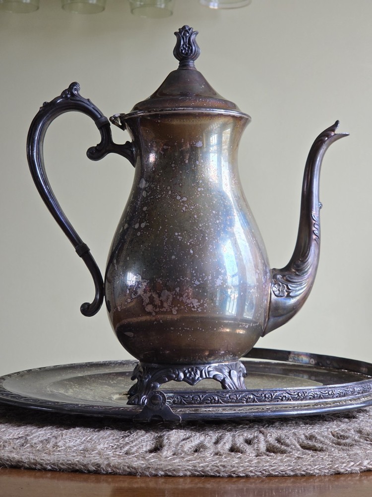 Antique FB Rogers Silver Company 1883 Silverplate Coffee Tea Pot & Handled Tray