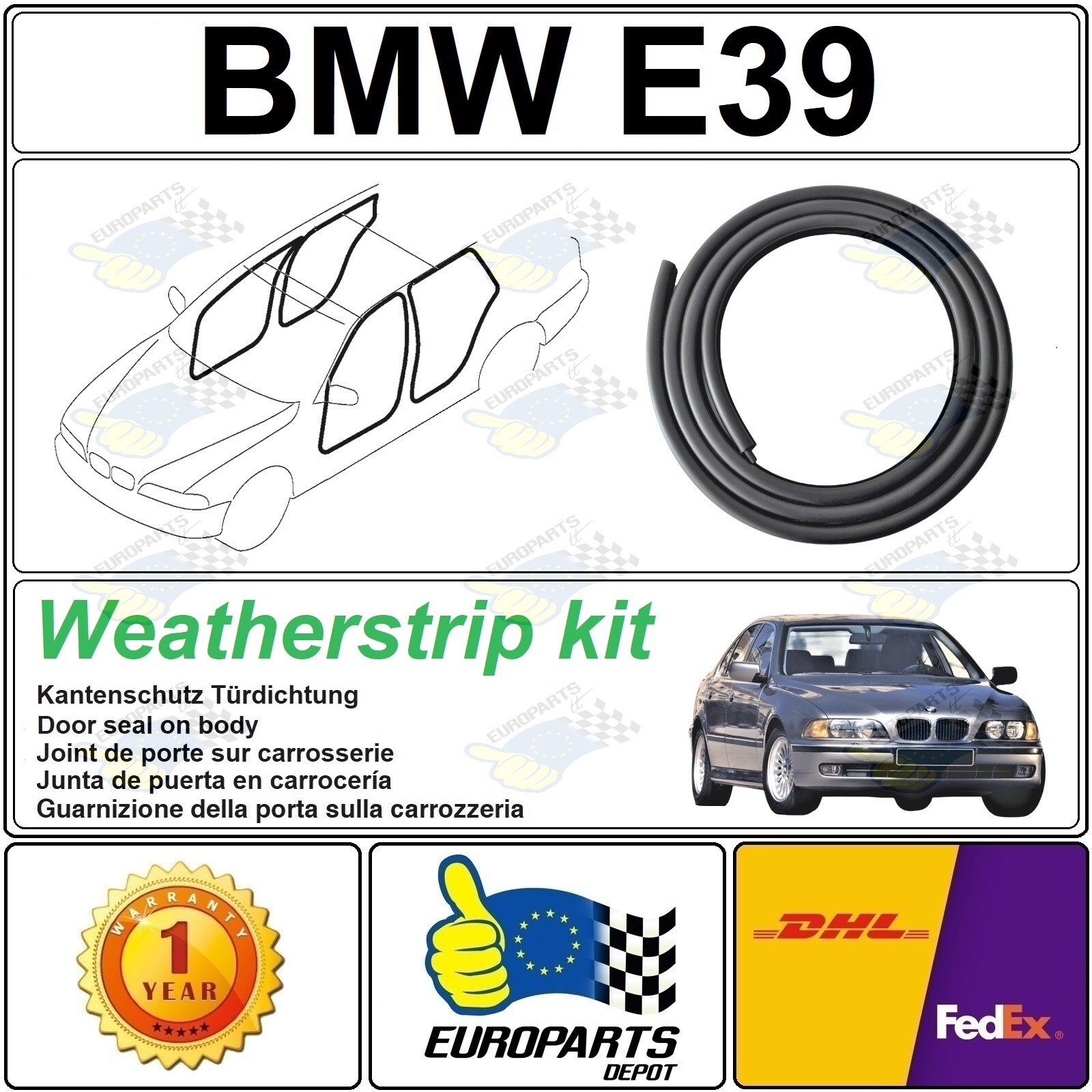 BMW E39 5 Series 1996-03 Rubber Door Seal Edge Protection 4 Pc Weatherstrip Set