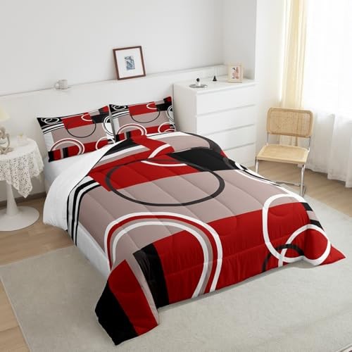 Modern Red Grey Black Stripes Comforter Set Geometric Down King Multi 270