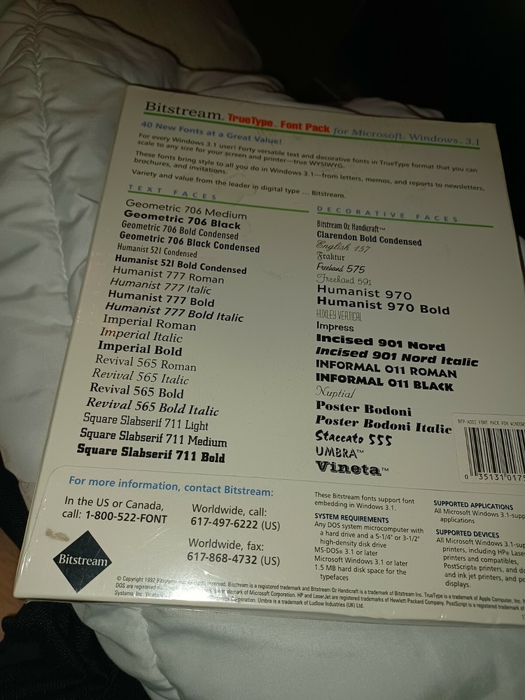 Windows Bitstream True Type Font Pack for Microsoft windows 3.1 Software 1992