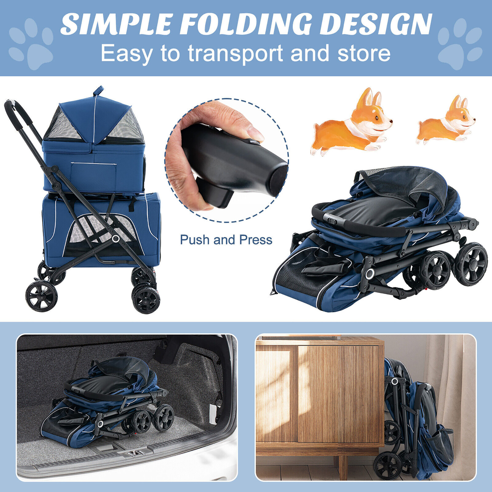 Double Pet Stroller for 2 Dogs or Cats w/ 2 Detachable Carriers Safety Belt Blue