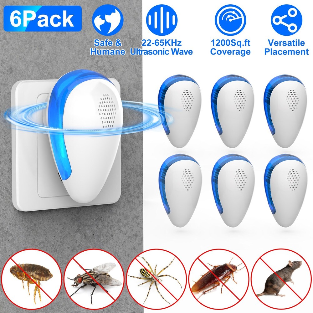 6 Pack Ultrasonic Bug Repeller Plug in Unit for Mosquitos Spiders Mice Control