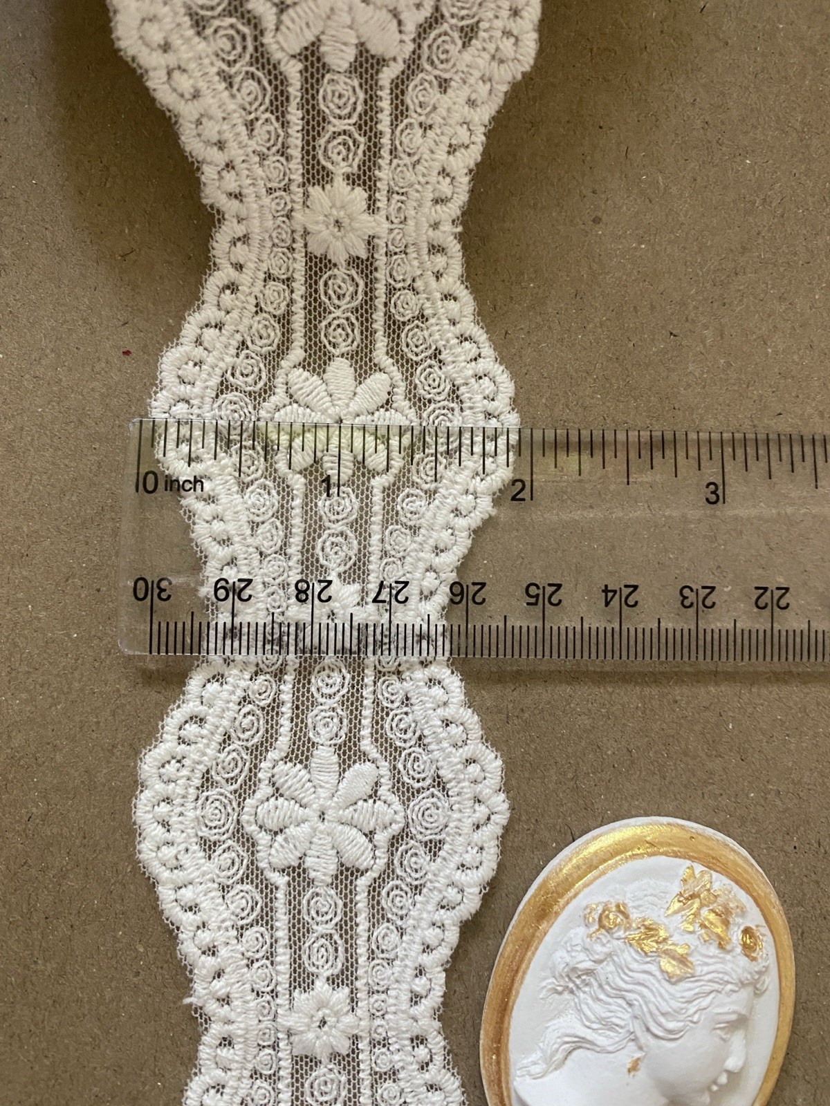 2 Yards Vintage Tulle Embroidered Floral Lace Trim, Soft White, Scalloped Edges