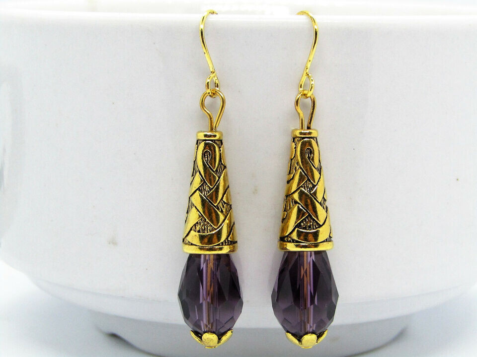 Purple Amethyst Teardrop Crystal GOLD Dangle Earrings, Handcrafted