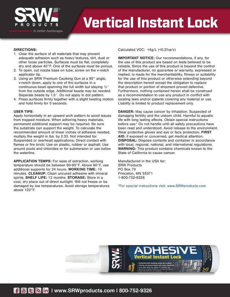 SRW Products Vertical Instant Lock Adhesive