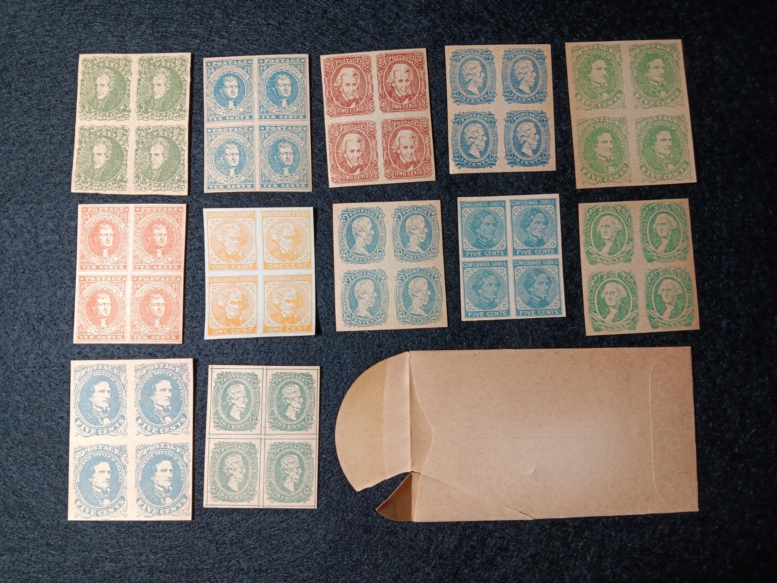 CONFEDERATE FACSIMILE/REPLICA STAMPS 12 DIFFERENT BLOCKS OF 4 W/TATHAM ENVELOPE