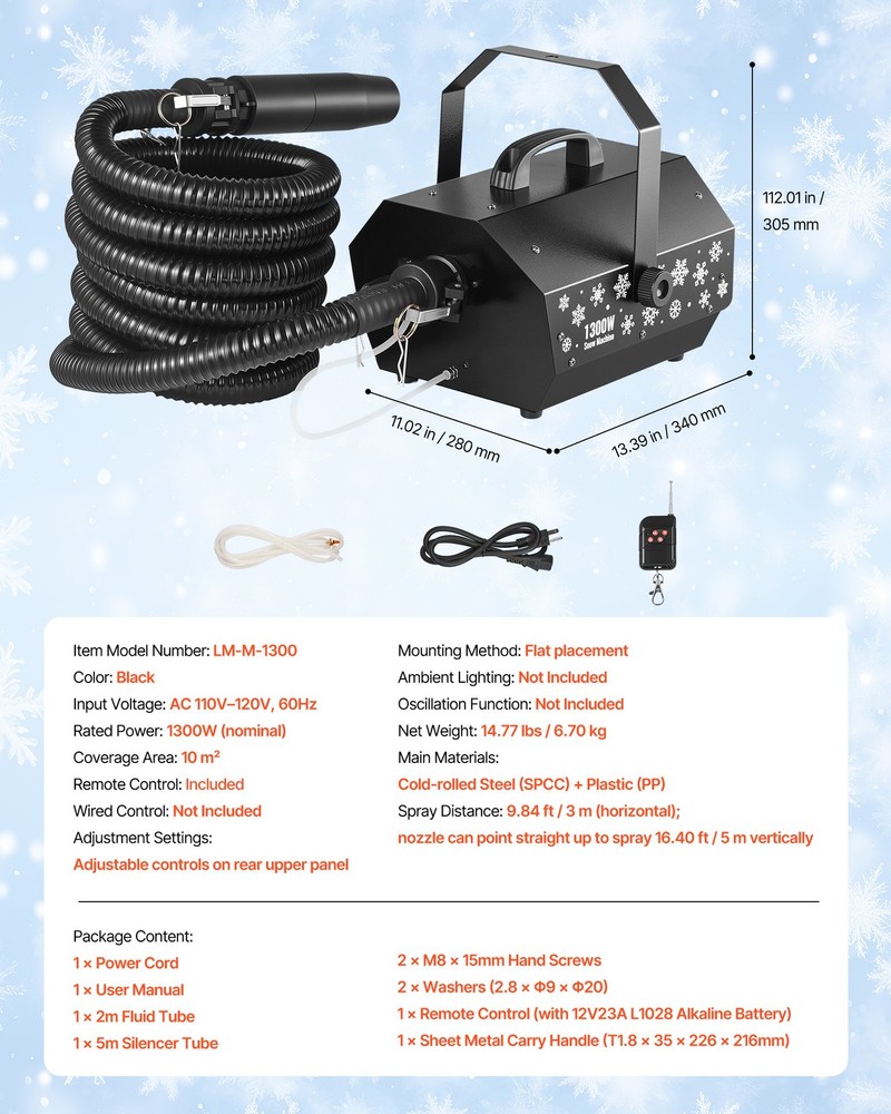 VEVOR Snow Machine 1300W Wireless Remote Control Handheld Hanging Snow Maker