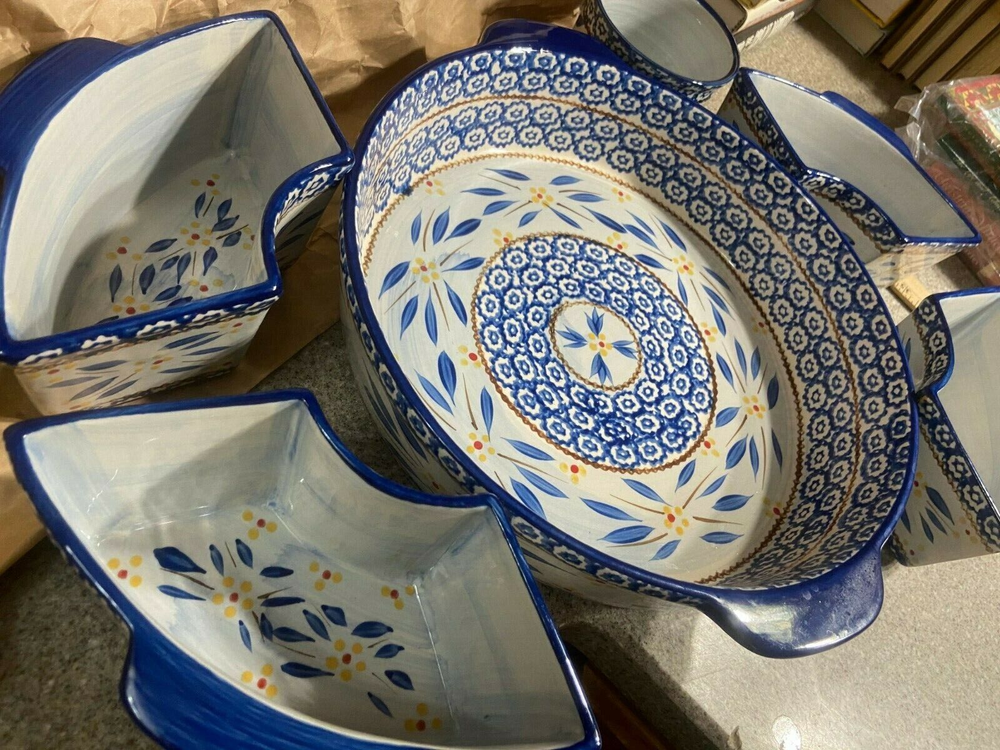 Set 6 Pc Temp-Tations Old World Blue Set Baker Dish Platter Dip Separated Tray