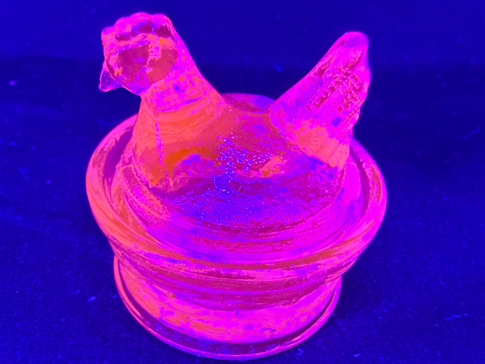 Blue Vaseline uranium glass Hen Chicken on nest basket eggs / salt cellar orange