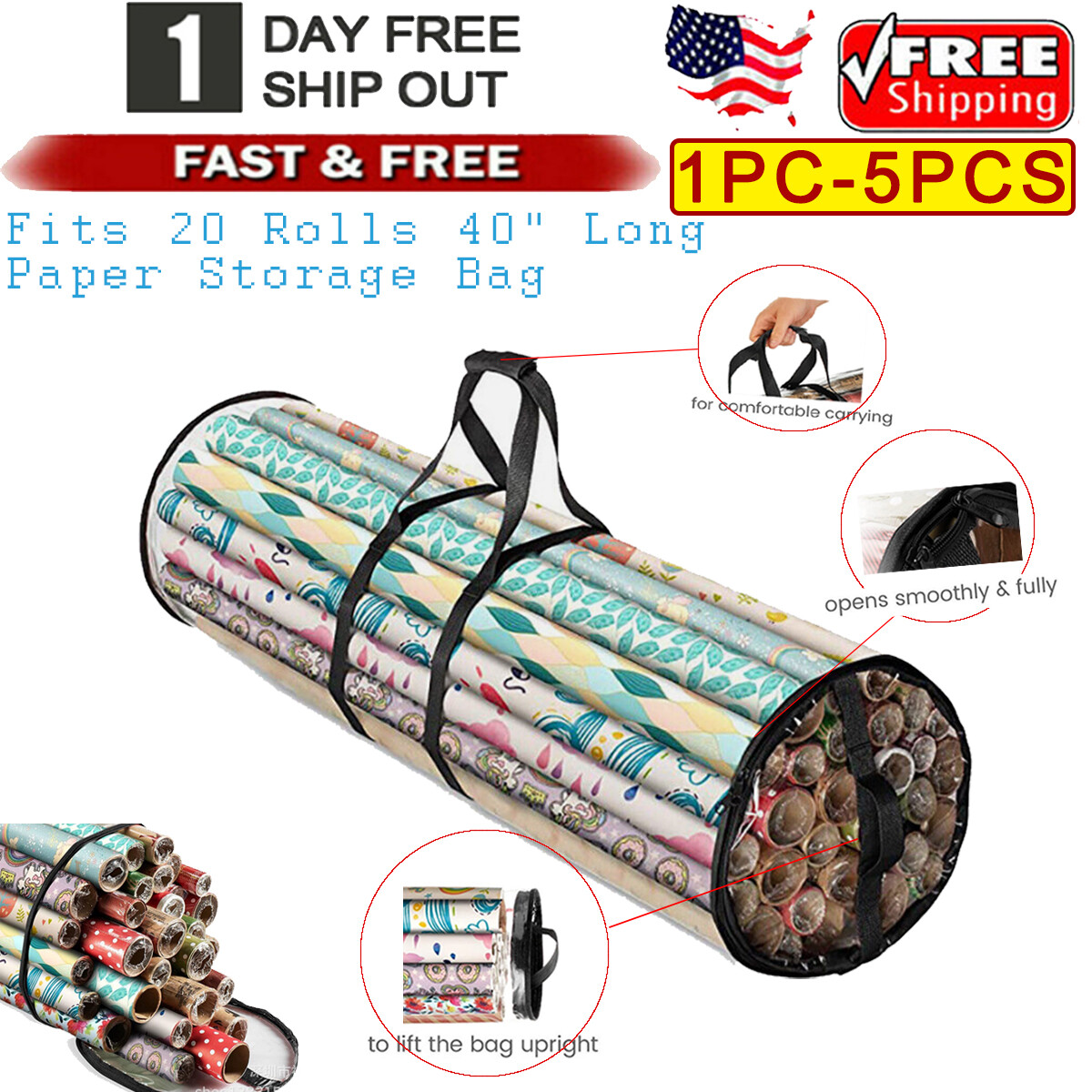 Waterproof Cylindrical Wrapping Paper Storage Bag fit 20 Rolls 40" Long Black US
