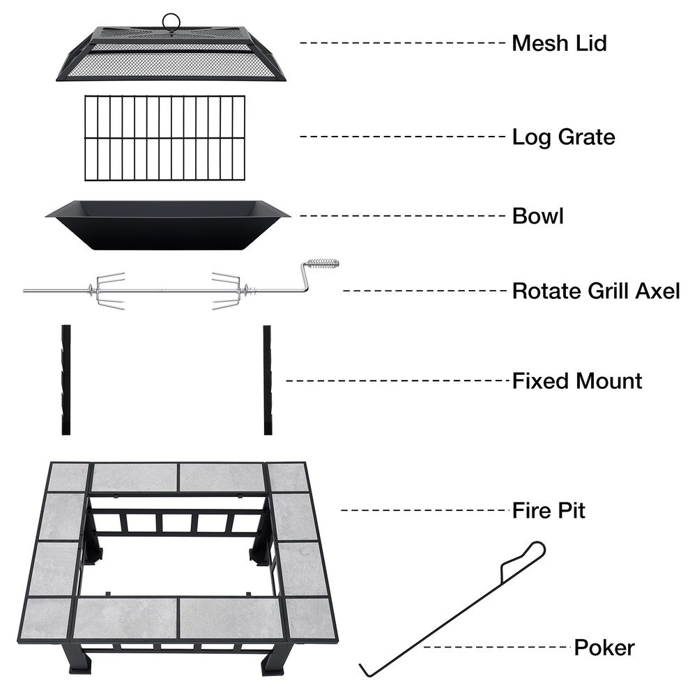Wood Burning Fire Pit 37" Square Firepit Table Backyard Patio Stove