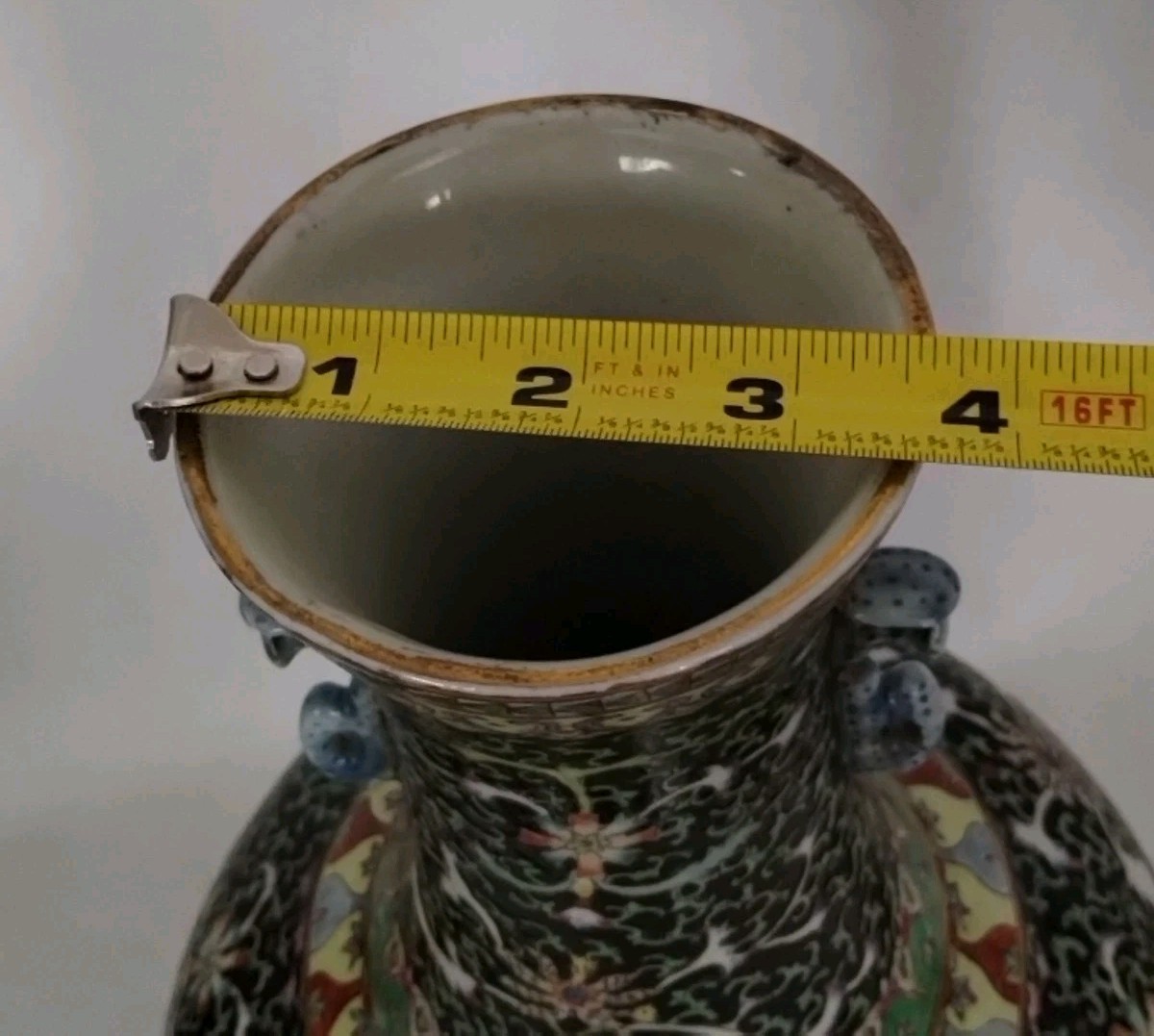 CHINESE BLACK PORCELAIN VASE 14" FLORAL FAMILLE NOIRE STYLE
