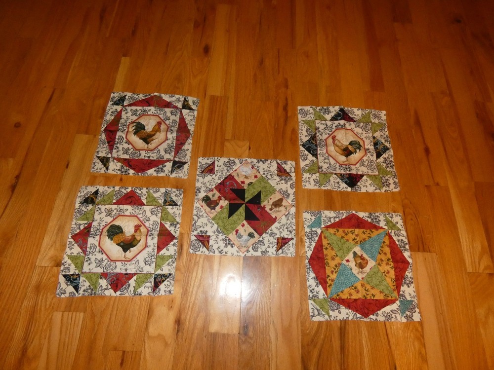 Rooster & Hen Quilt Blocks Handmade Pieced Sampler Each Different
