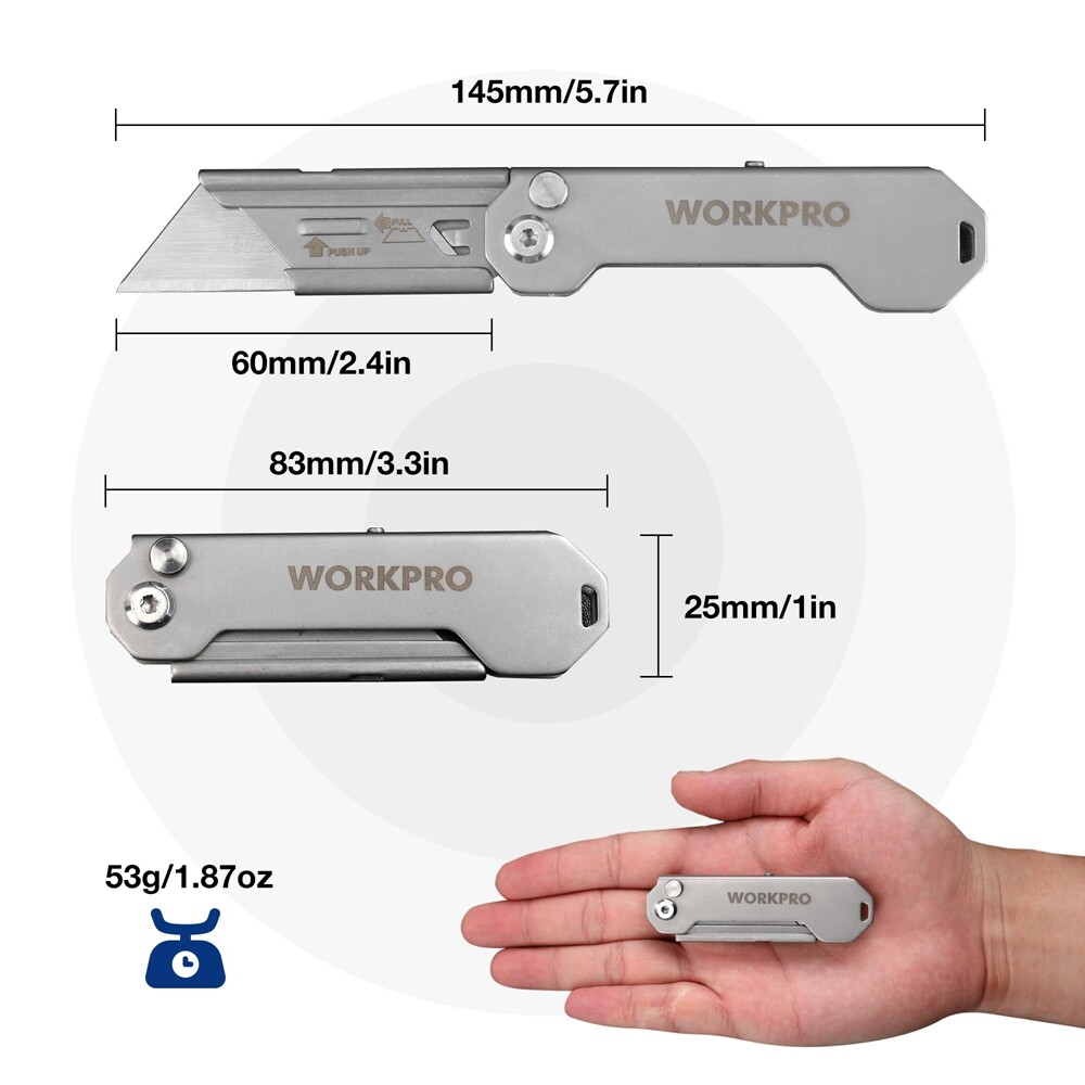 WORKPRO 2PC Folding Utility Knife Box Cutter Quick Change Razor Knife 10PC Blade