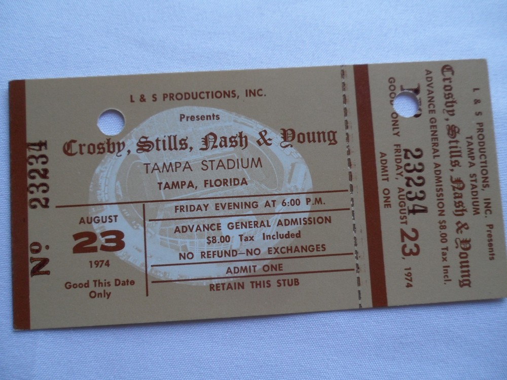 CROSBY STILLS NASH & YOUNG original 1974 UNUSED concert ticket THE BAND Tampa EX