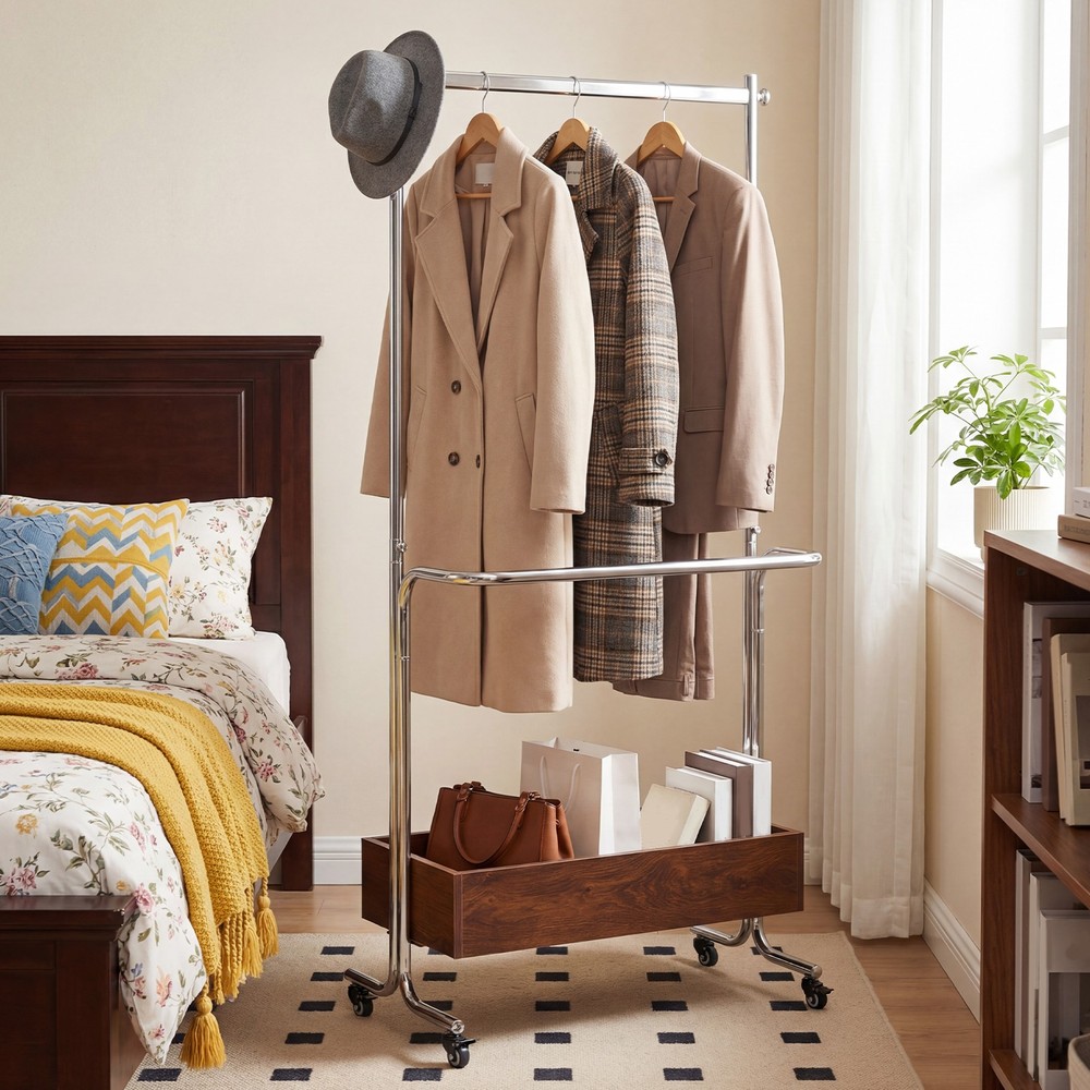 Small Clothes Rack with Wheels Removable Drying Rack Double-pole for Small Space