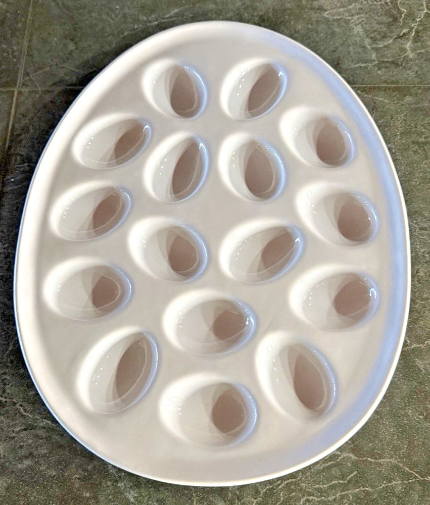 Big 24-slot Deviled Eggs Serving Platter Tray Solid White Stoneware Ellipse Oval