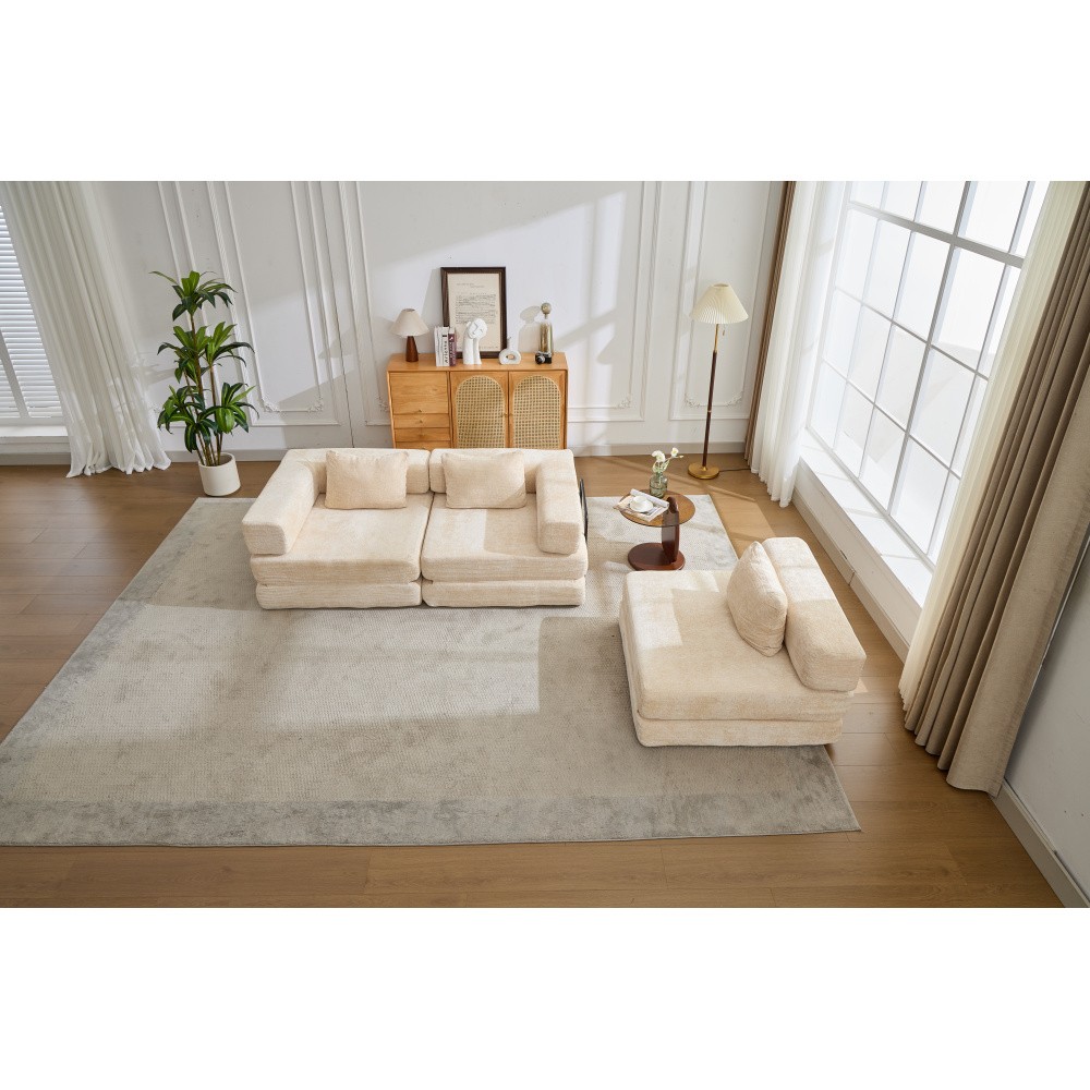 Convertible Floor Sofa Bed w/Fixed Frame, Chenille, Beige, No Assembly