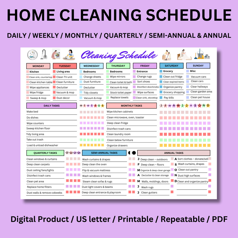 Digital | Editable Cleaning Schedule checklist, Home Cleaning Planner PDF