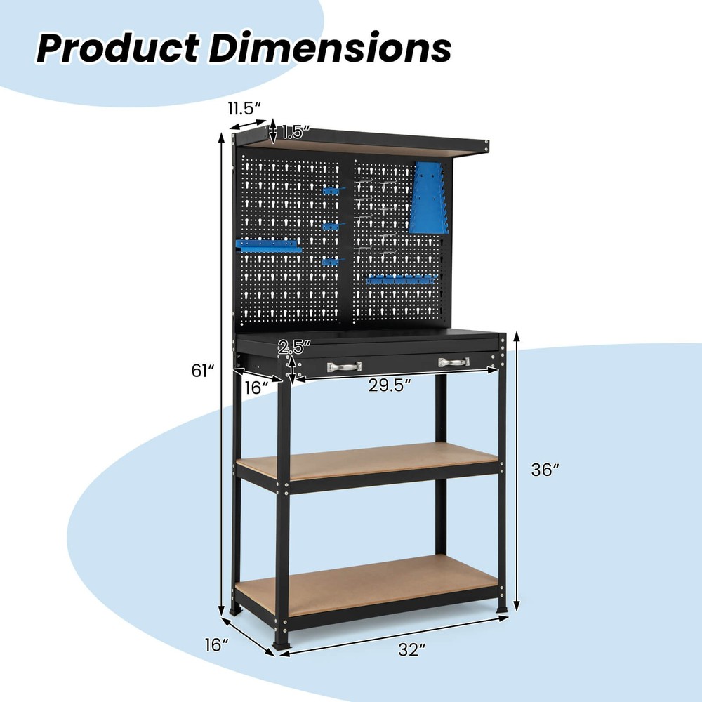 Multi-use Workbench with 2 Shelves Heavy-Duty Work Table Tool Storage Bench