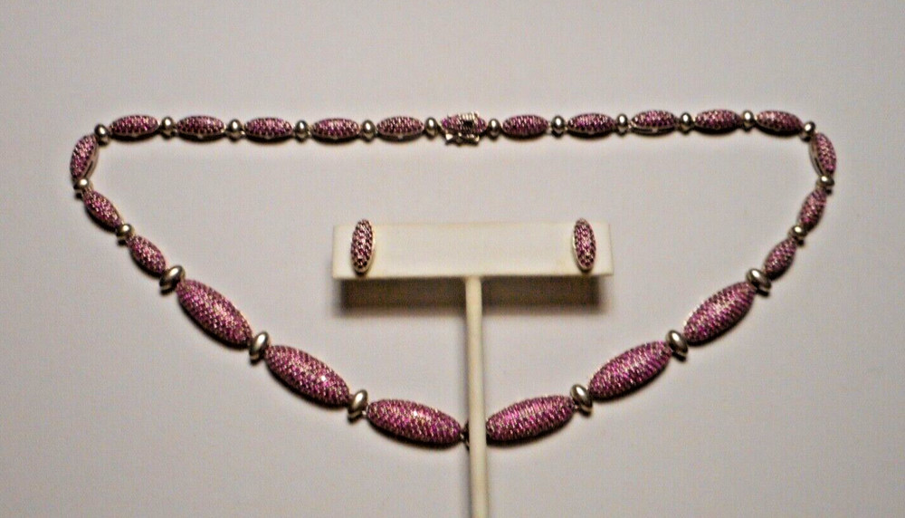 Sterling 925 & Ruby Pave Link Necklace & Stud Post Earrings Set Thailand 39.9g
