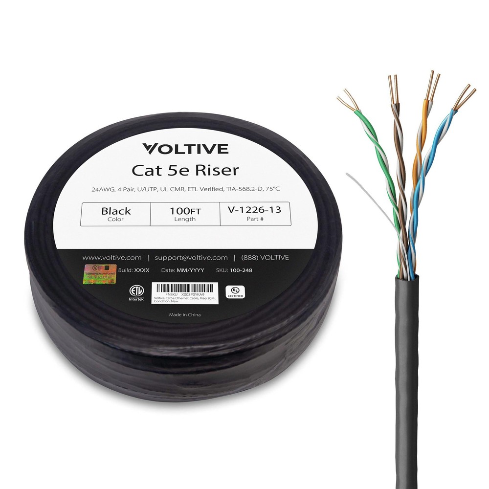 Voltive Cat5e Riser (CMR) Ethernet Cable - UTP, OFC, 100FT, Black